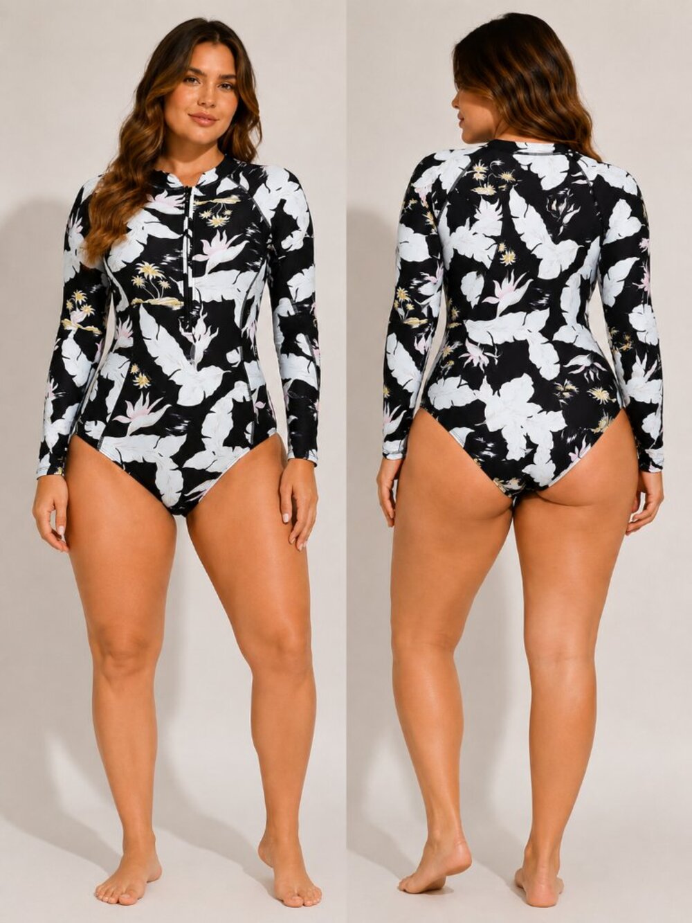 Long Sleeve Rash Guard One Piece Swimsuit Black Floral NWT